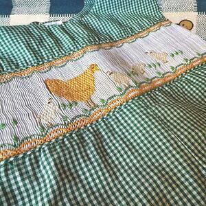 vintage one-piece jon jon shortall green gingham cotton hand smocked chicken